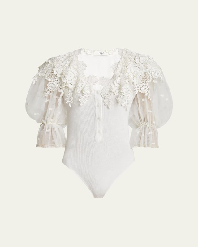 Puff-Sleeve Guipure Lace Bodysuit
